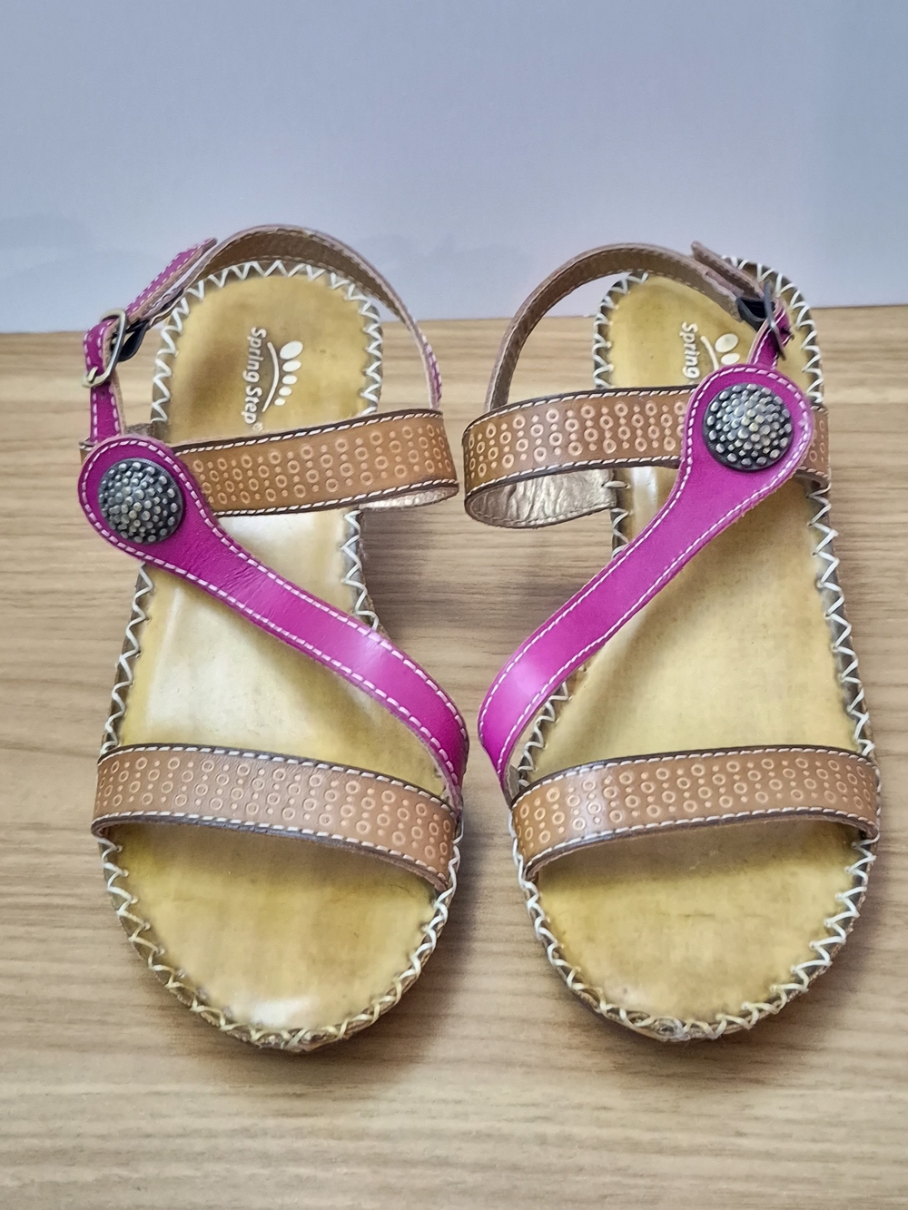 Spring Step Dreamer Leather Wedge Sandals Pink Brown Boho Women Size 38 US 7.5